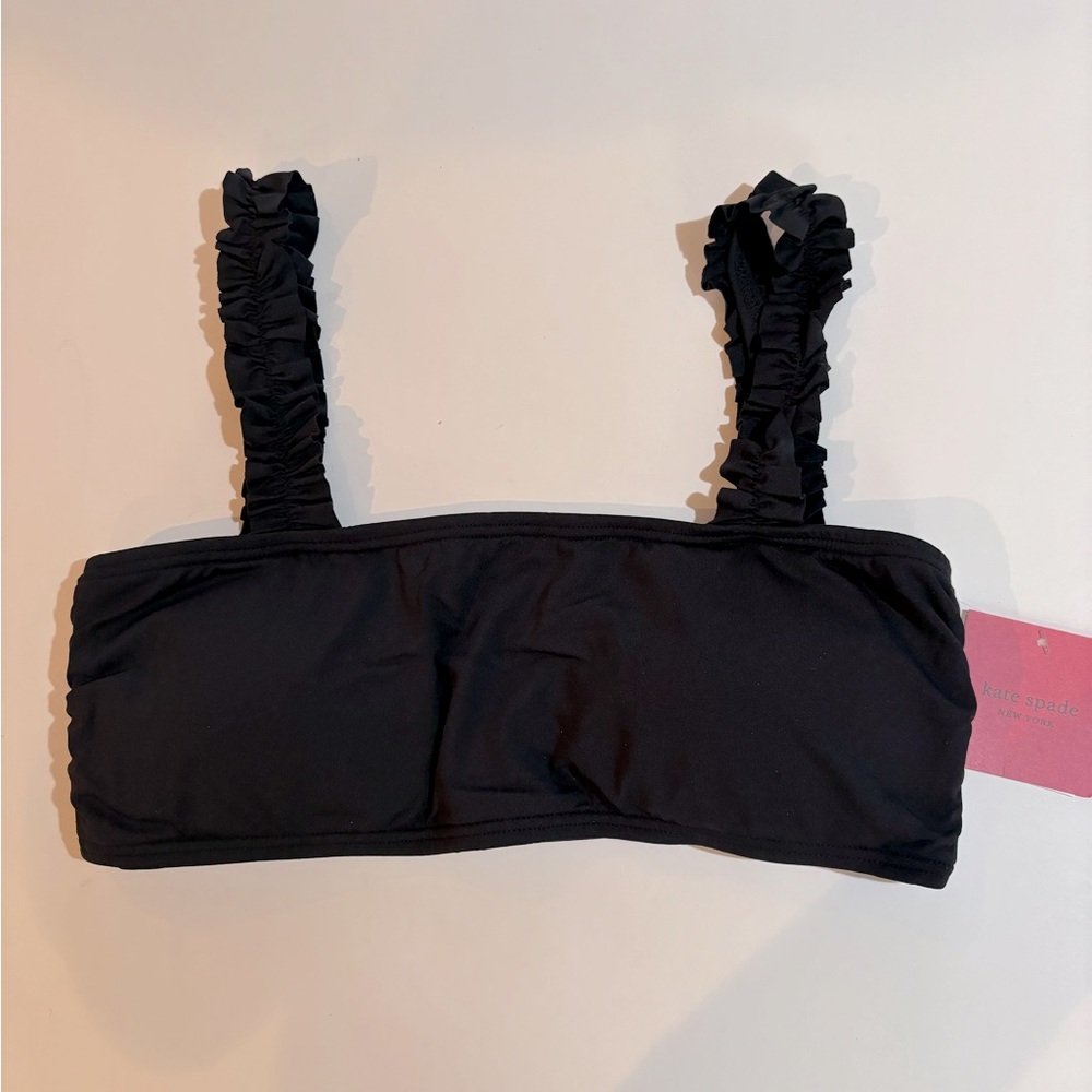 KATE SPADE Sz Small Black Ruffled Strap Bandeau BIKINI TOP NWT